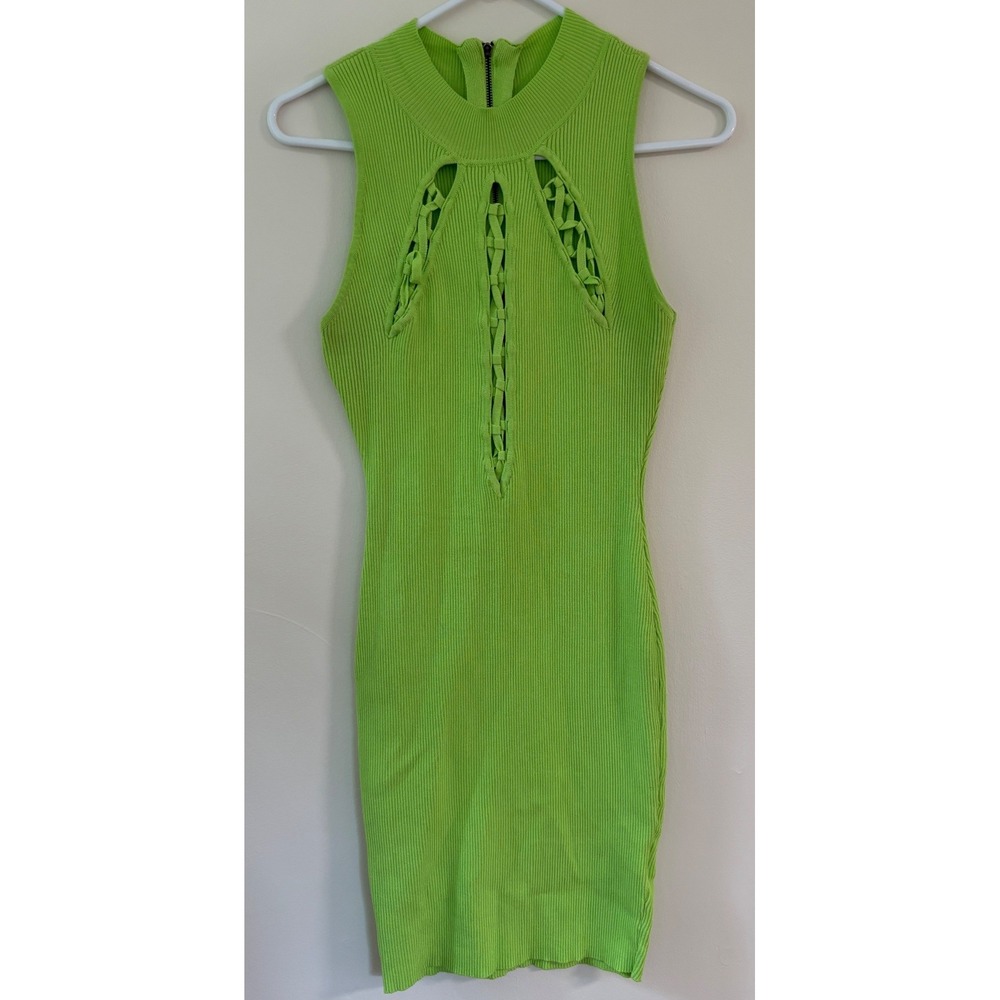 Lime Green Ribbed Lattice Cutout Bodycon Mini Dress XL Clubwear, Cybercore, Rave